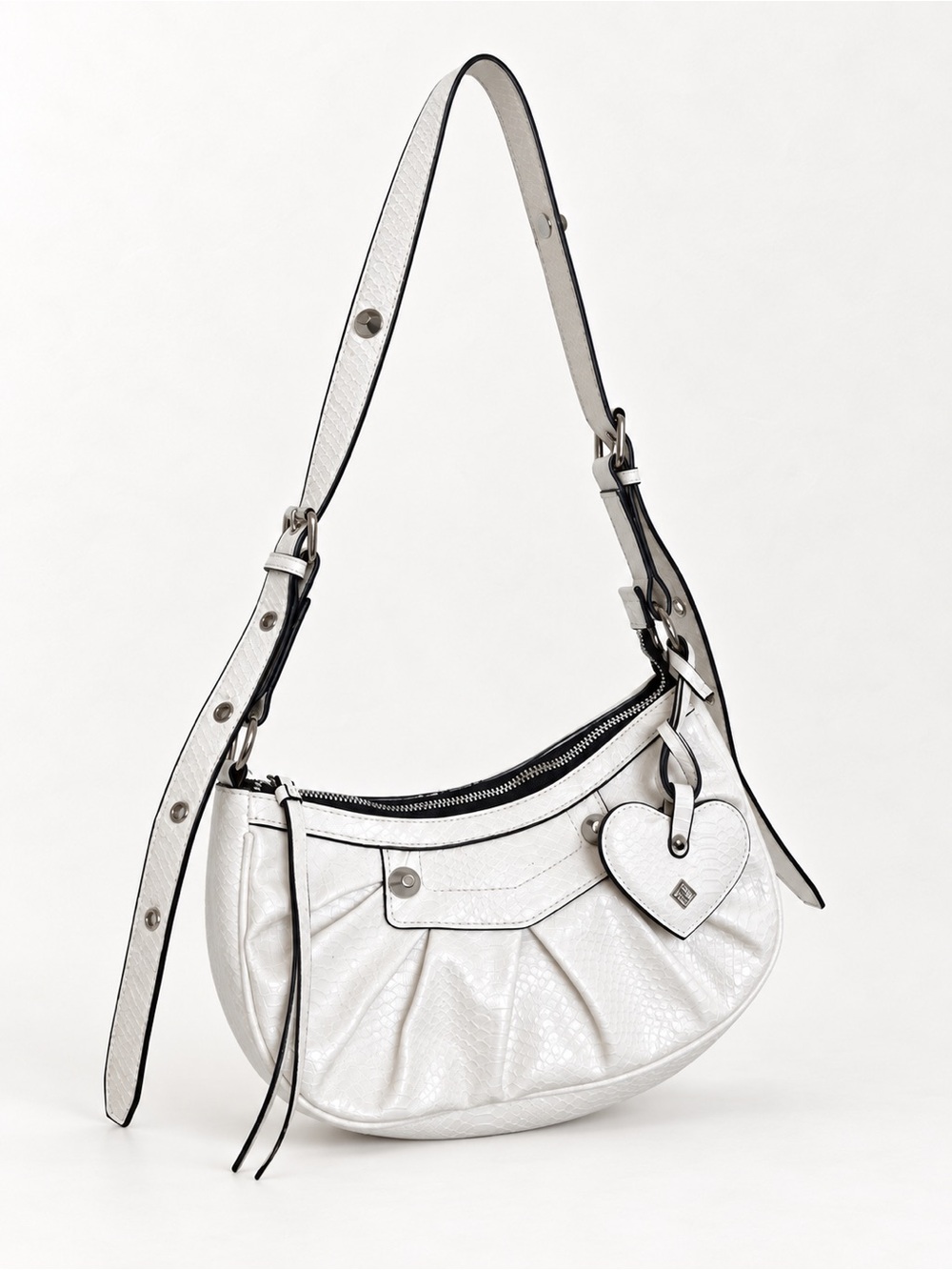 Y2K White Faux Leather Croc Embossed Heart Charm Hobo Bag
